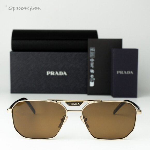 Prada Men Sunglasses Gold Brown Polarized Pilot Men PR58YS ZVN5Y1 BRAND NEW - Picture 1 of 10